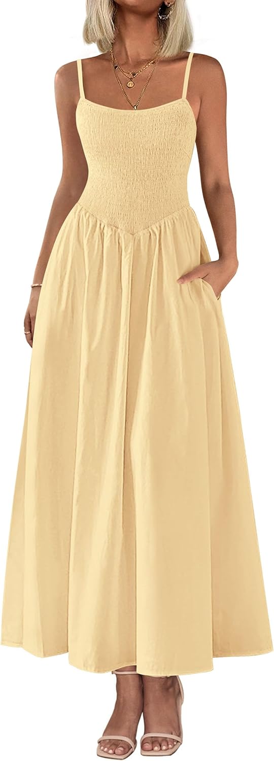 Women's Smocked Maxi Dresses 2026 Summer Sundress Casual Spaghetti Strap Swing A Line Long Flowy Beach Dress
