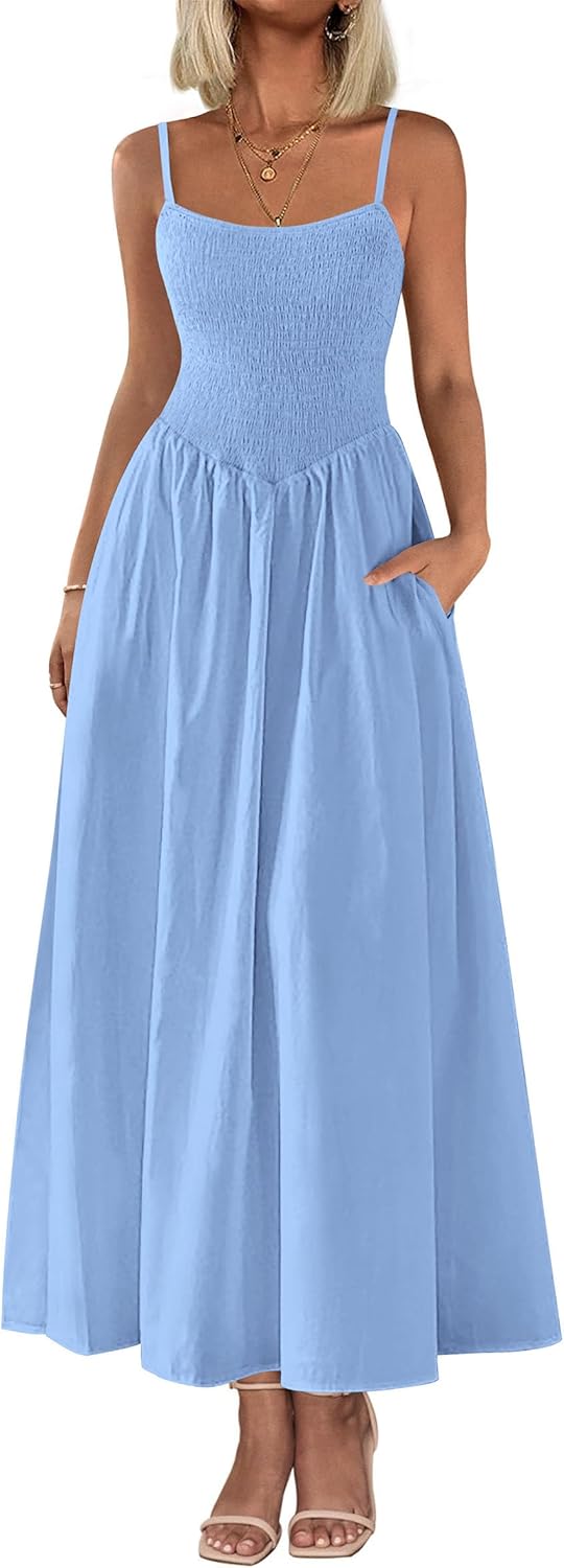 Women's Smocked Maxi Dresses 2026 Summer Sundress Casual Spaghetti Strap Swing A Line Long Flowy Beach Dress