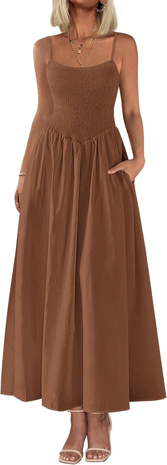 Women's Smocked Maxi Dresses 2026 Summer Sundress Casual Spaghetti Strap Swing A Line Long Flowy Beach Dress