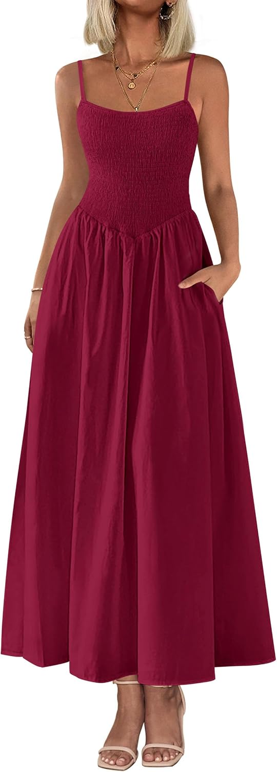 Women's Smocked Maxi Dresses 2026 Summer Sundress Casual Spaghetti Strap Swing A Line Long Flowy Beach Dress