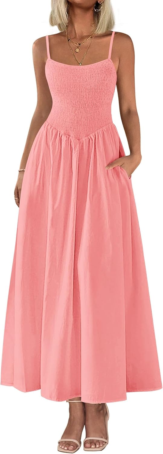 Women's Smocked Maxi Dresses 2026 Summer Sundress Casual Spaghetti Strap Swing A Line Long Flowy Beach Dress