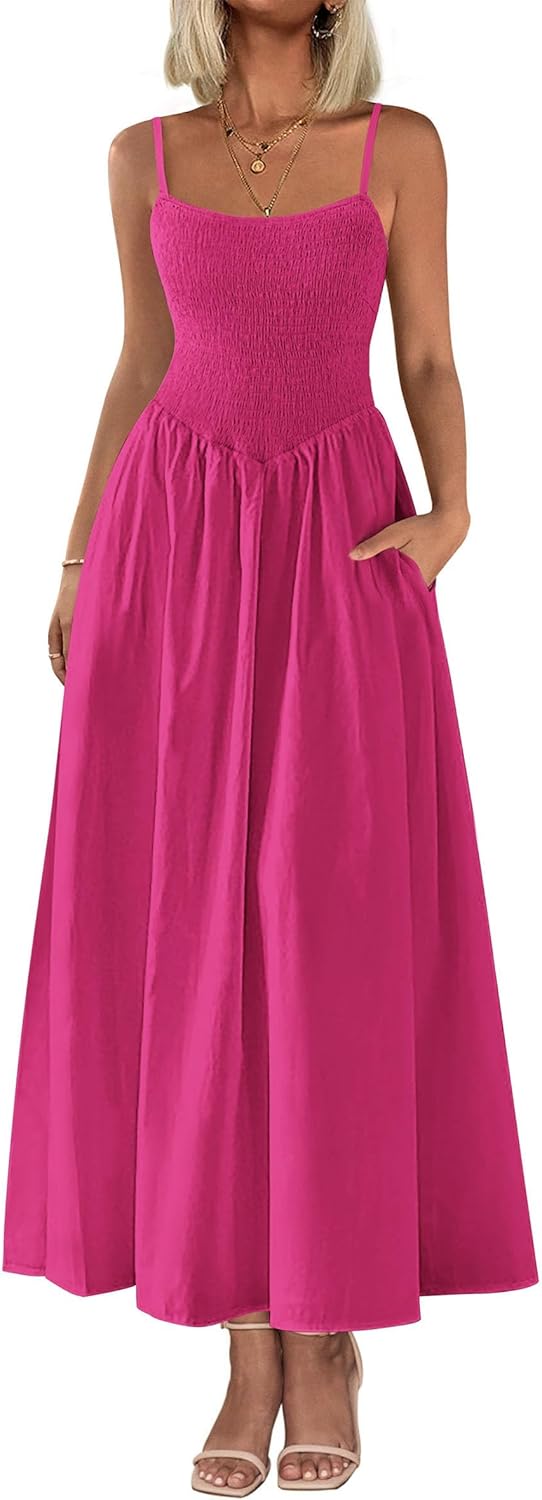 Women's Smocked Maxi Dresses 2026 Summer Sundress Casual Spaghetti Strap Swing A Line Long Flowy Beach Dress