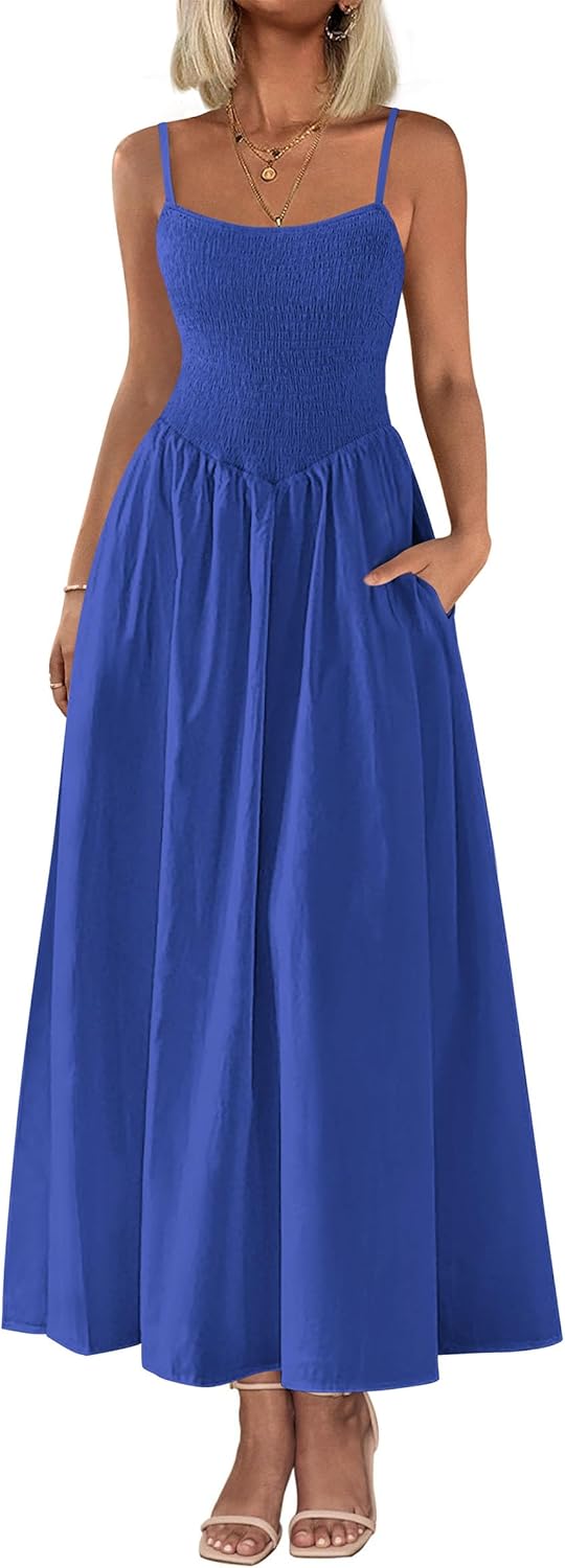 Women's Smocked Maxi Dresses 2026 Summer Sundress Casual Spaghetti Strap Swing A Line Long Flowy Beach Dress