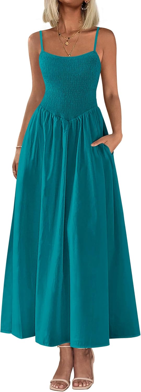 Women's Smocked Maxi Dresses 2026 Summer Sundress Casual Spaghetti Strap Swing A Line Long Flowy Beach Dress